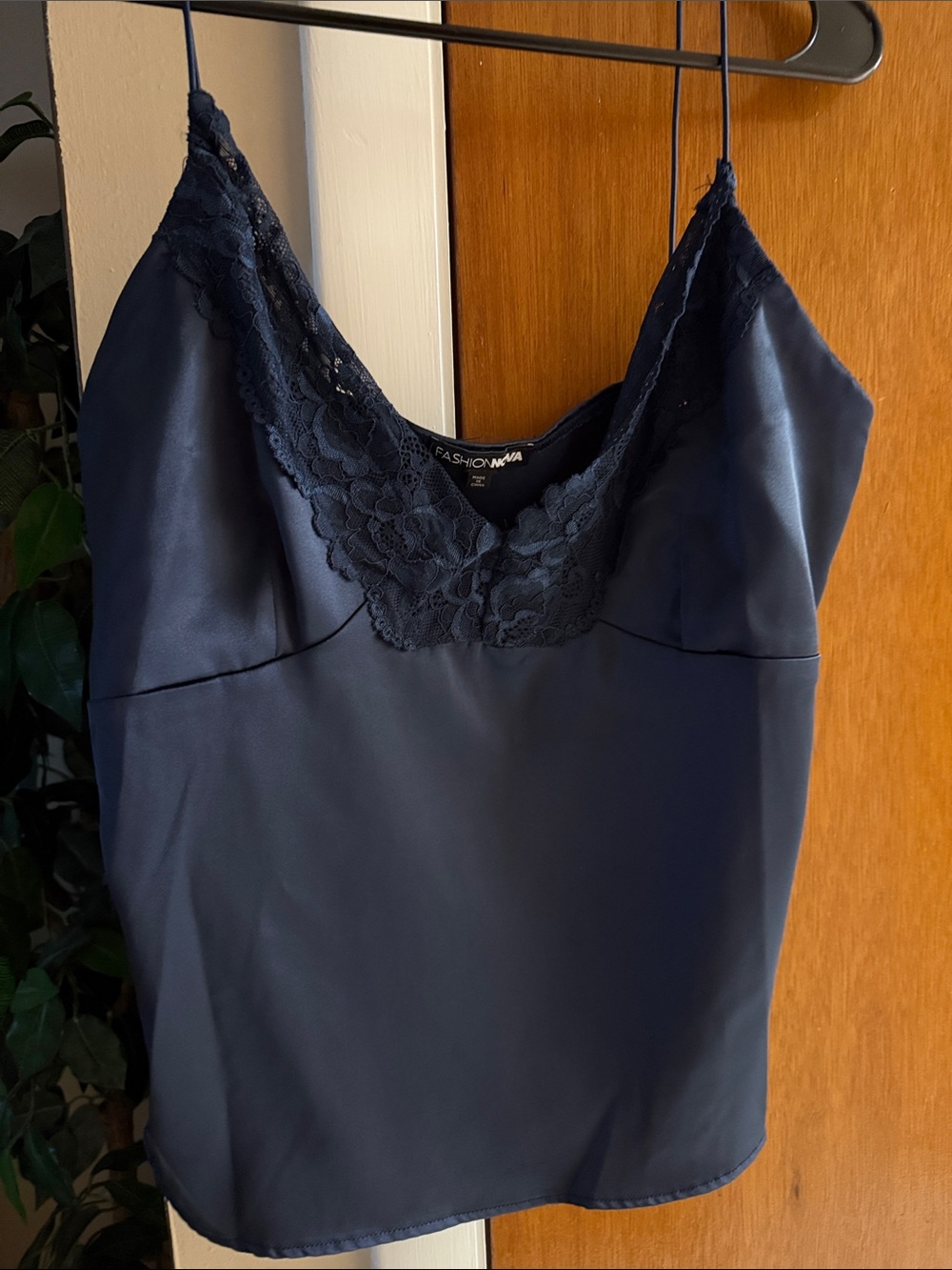 Fashion Nova Navy Satin Lace-Trim Cami Top